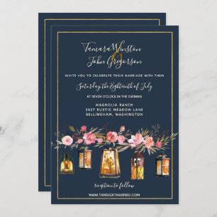Invitation Élégantes Peonies Lanternes rustiques Marine Coral