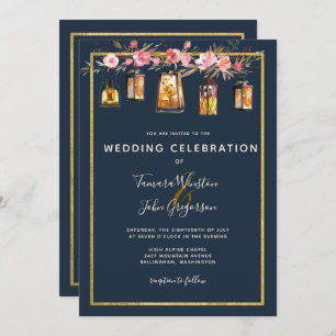 Invitation Élégantes Peonies Lanternes rustiques Marine Coral