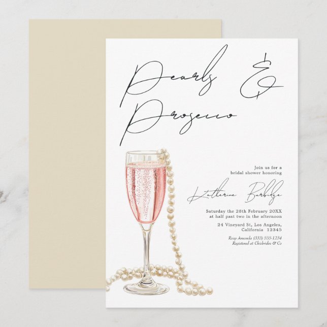 Invitation Élégantes Perles et Prosecco pour une Fête de Mari (Devant / Derrière)
