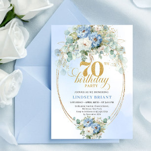 Invitation Élégantes pivoines bleues pastel Boho pour 70e ann