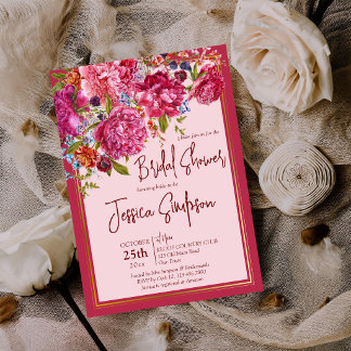 Invitation Élégantes pivoines bordeaux magenta pour une baby