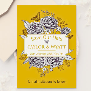 Invitation Élégantes Pivoines Fleuries Or Save The Date