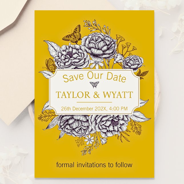 Invitation Élégantes Pivoines Fleuries Or Save The Date (Créateur téléchargé)