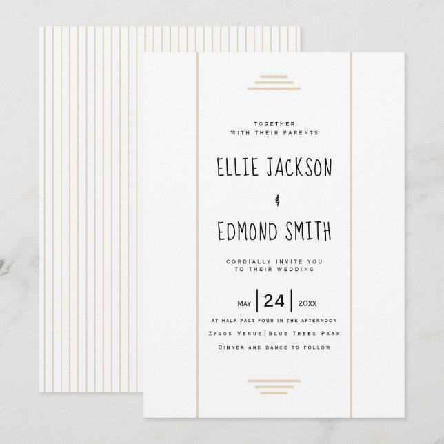 Invitation Élégantes rayures beige simple mariage (Devant / Derrière)