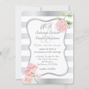Invitation Élégantes rayures d'argent et Hydrangées roses