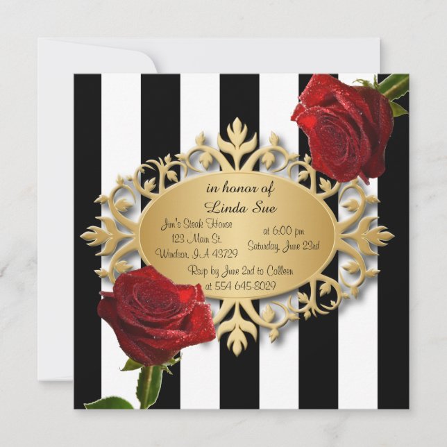 Invitation Élégantes rayures noires et blanches et roses roug (Devant)