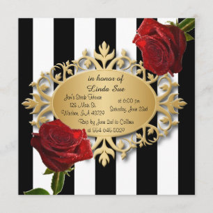 Invitation Élégantes rayures noires et blanches et roses roug