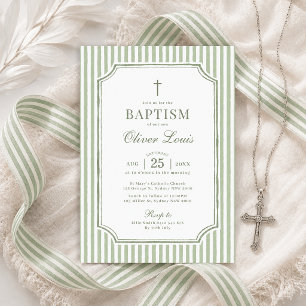 Invitation Élégantes Rayures Vert Sauge Baptême Fille Garçon