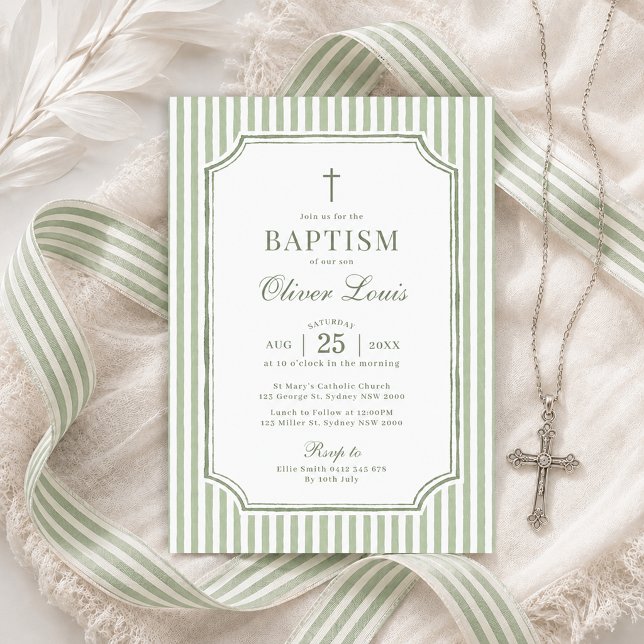 Invitation Élégantes Rayures Vert Sauge Baptême Fille Garçon (Créateur téléchargé)