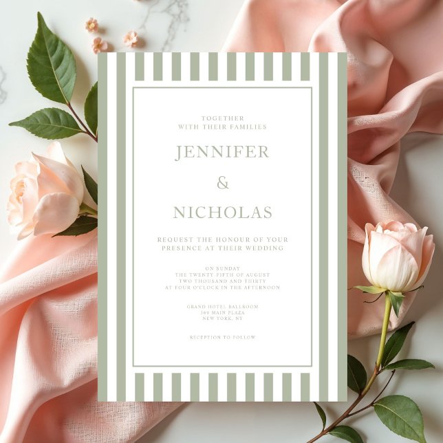 Invitation Élégantes Rayures Vert Sauge Mariage (Elegant Sage Green Stripes Wedding Invitation)