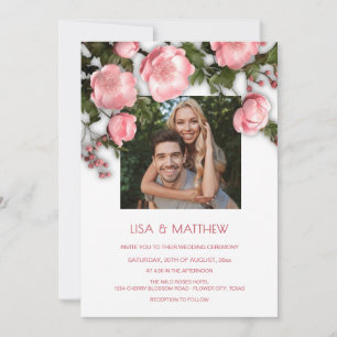 Invitation Élégantes Roses 3D Blanches et Roses Mariage