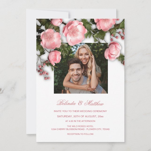 Invitation Élégantes Roses 3D Roses Mariage Blanc Rose (Devant)