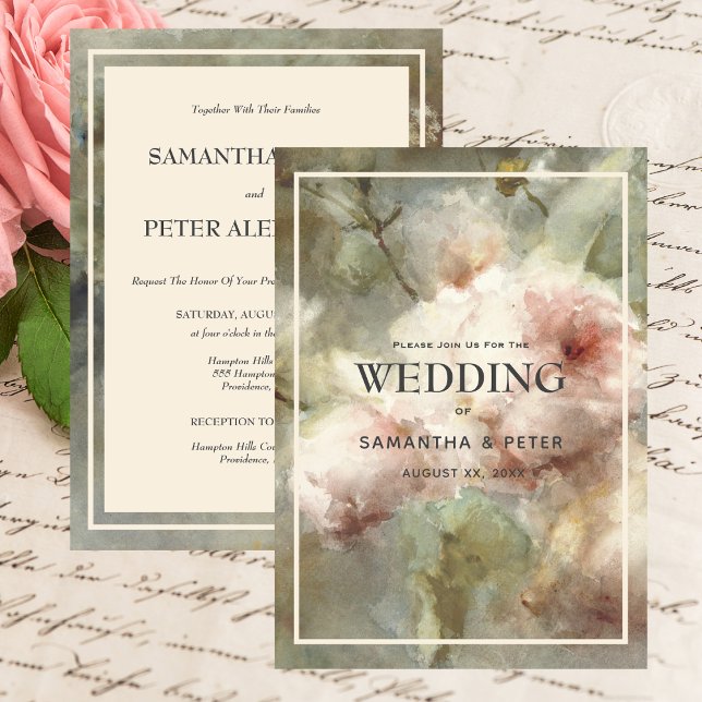 Invitation Élégantes roses antiques, fleurs florales aquarell (Elegant Antique Roses, Soft Pink & Green Wedding Invitation)