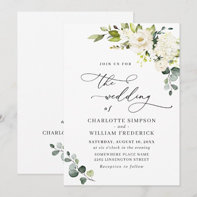 Invitation Élégantes Roses Blanches d'Eucalyptus et Verdure d (Devant / Derrière)