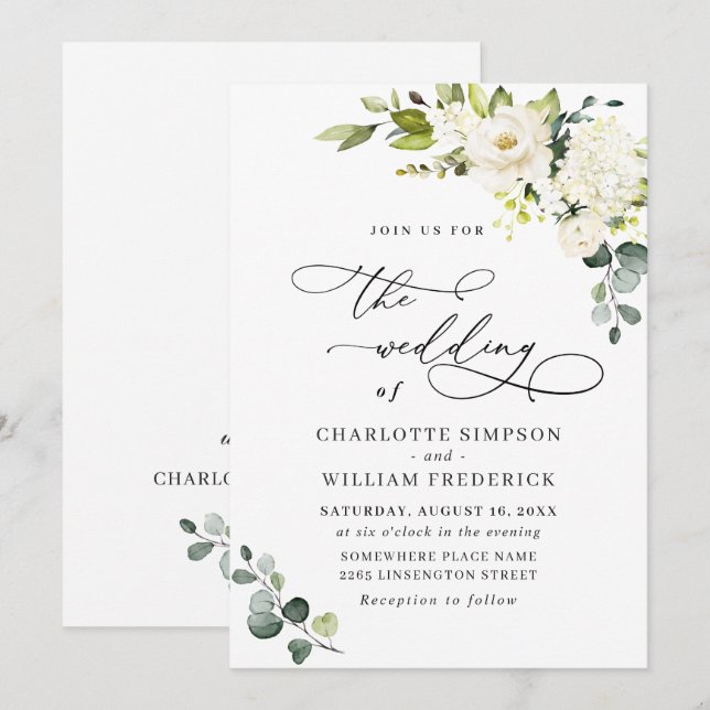 Invitation Élégantes Roses Blanches d'Eucalyptus et Verdure d (Devant / Derrière)
