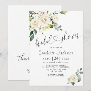 Invitation Élégantes Roses Blanches d'Eucalyptus pour Mariage