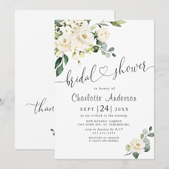 Invitation Élégantes Roses Blanches d'Eucalyptus pour Mariage (Devant / Derrière)