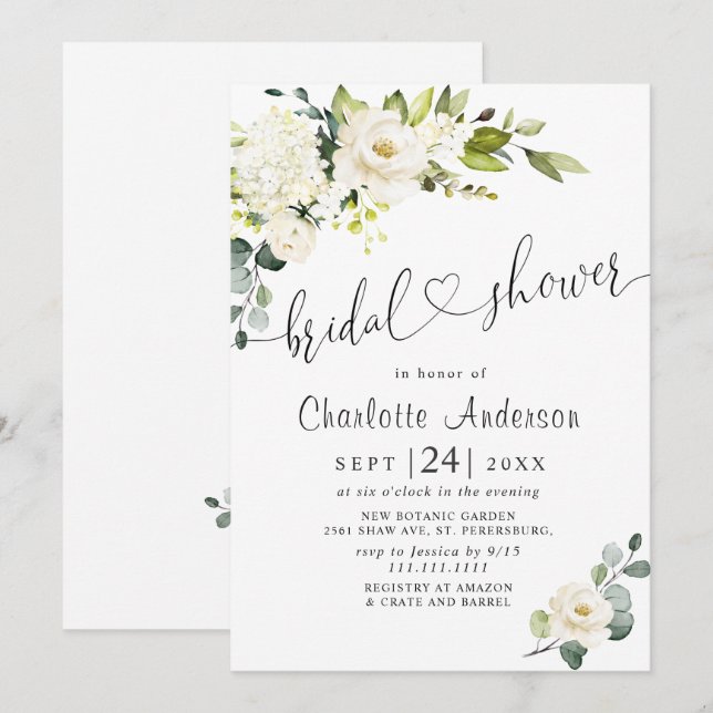 Invitation Élégantes Roses Blanches d'Eucalyptus pour Mariage (Devant / Derrière)