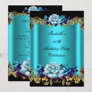 Invitation Elegantes Roses Bleu sarcelle Doré Violet Annivers