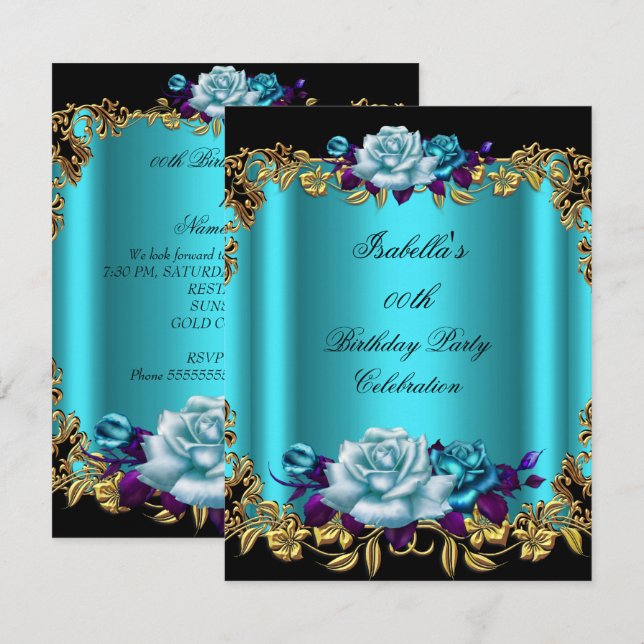 Invitation Élégantes Roses Bleu sarcelle Doré Violet Annivers (Devant / Derrière)