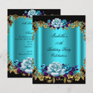 Invitation Élégantes Roses Bleu sarcelle Doré Violet Annivers
