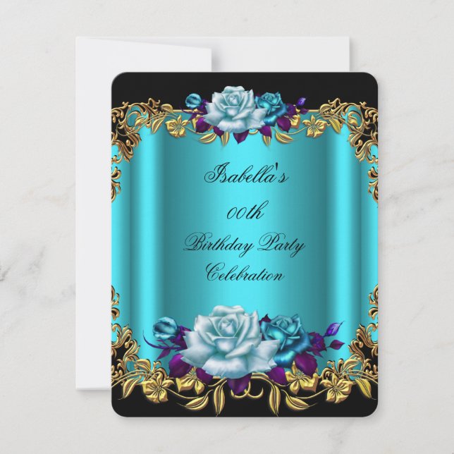 Invitation Elegantes Roses Bleu Turquoise Doré Violet Anniver (Devant)
