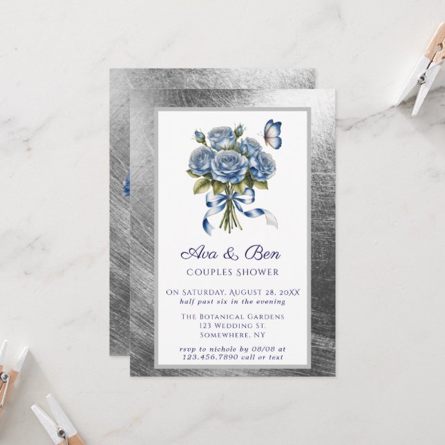 Invitation Élégantes Roses Bleues Papillon Douche de Couple e (Devant/Arrière en situation)