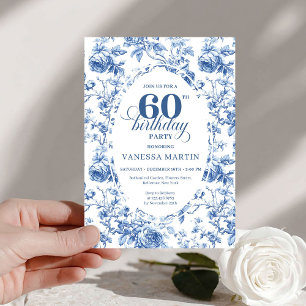 Invitation Élégantes Roses Bleues Toile de Jouy Française 60e