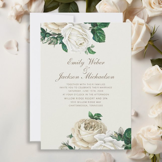 Invitation Élégantes roses botaniques blanches florales crème (Elegant white vintage roses and greenery wedding invitation)