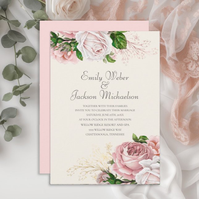 Invitation Élégantes Roses Botaniques Fleurs Roses Crème Mari (Blush pink vintage floral wedding invitatio with elegant script)