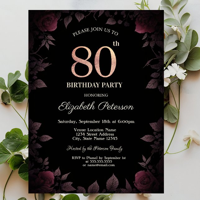 Invitation Élégantes Roses Bourguignon Foncé 80e Anniversaire (Créateur téléchargé)