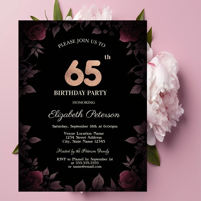 Invitation Élégantes Roses Bourguignon Foncé Noir 65e Anniver (Créateur téléchargé)