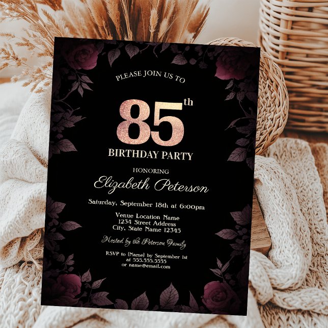 Invitation Élégantes Roses Bourguignon Foncé Noir 85e Anniver (Créateur téléchargé)