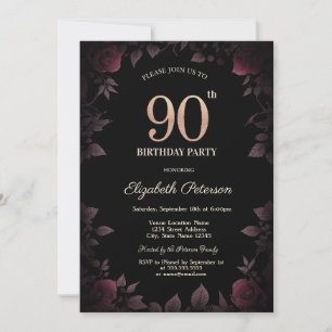 Invitation Élégantes Roses Bourguignon Foncé Noir 90e Anniver