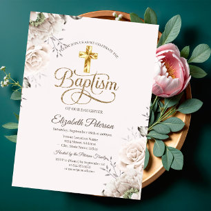 Invitation Élégantes roses croix dorée baptême rose