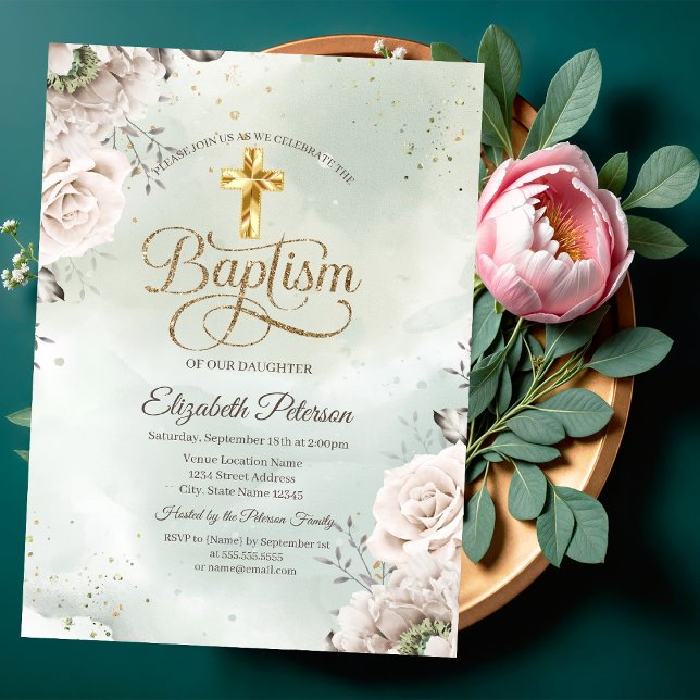 Invitation Élégantes Roses de Croix en Or Vert Baptême (Créateur téléchargé)