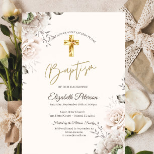 Invitation Élégantes roses de la croix en or Crème de baptême