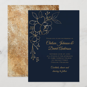 Invitation Élégantes roses esquissées en or sur mariage bleu