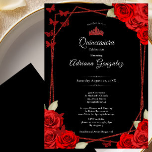 Invitation Élégantes Roses et Couronne Rouge Quinceanera