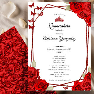 Invitation Élégantes Roses et Couronne Rouge Quinceanera
