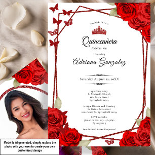 Invitation Élégantes Roses et Couronne Rouge Quinceanera 