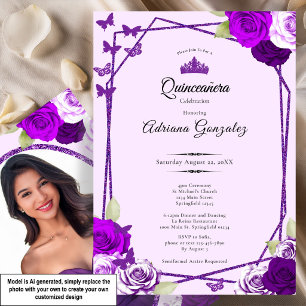 Invitation Élégantes Roses et Couronne Violet Quinceanera