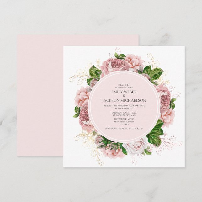 Invitation Élégantes Roses Fardées Floral Blanc Mariage (Devant / Derrière)