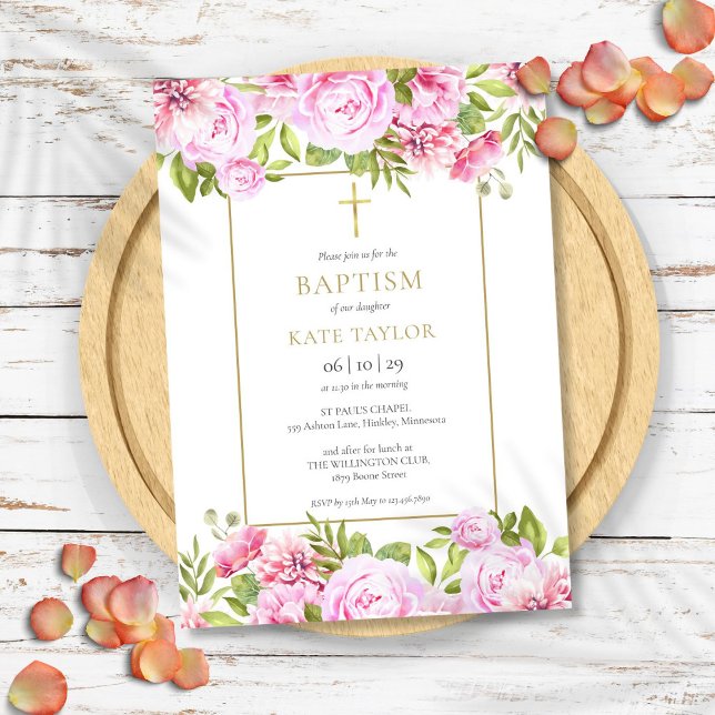 Invitation Élégantes Roses Fleur de Baptême Christening (Elegant Roses Floral Baptism Christening Invitation)