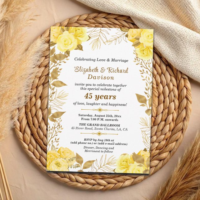Invitation Élégantes Roses Fleur Or 45e Anniversaire de Maria (Créateur téléchargé)