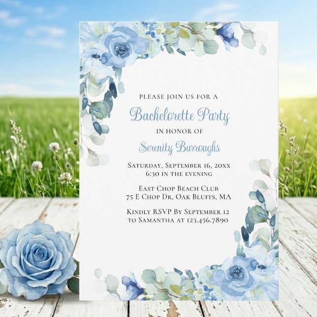 Invitation Élégantes Roses Fleuries Aquarelle Bleue Enterreme (Créateur téléchargé)