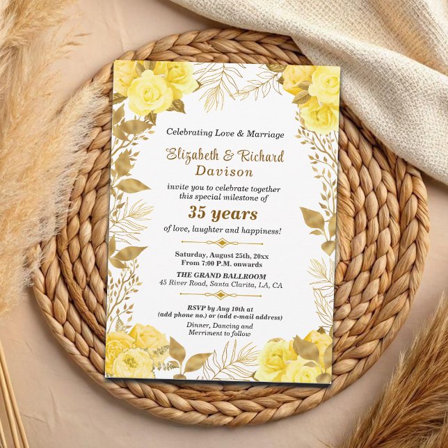 Invitation Élégantes Roses Fleurs Or 35e Anniversaire de Mari (Créateur téléchargé)