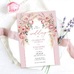 Invitation Élégantes Roses Fuschia Herbe de Pampas Fleurie Ma