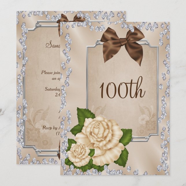 Invitation Élégantes Roses Ivory Romantiques & Rubans 100ème (Devant / Derrière)