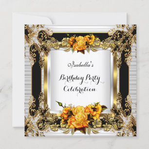 Invitation Élégantes Roses Jaunes Or Blanc Noir Anniversaire 